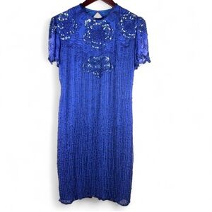 Vintage Scala Milano Paris Cobalt Blue Beaded Sequined Silk Shift Dress Medium